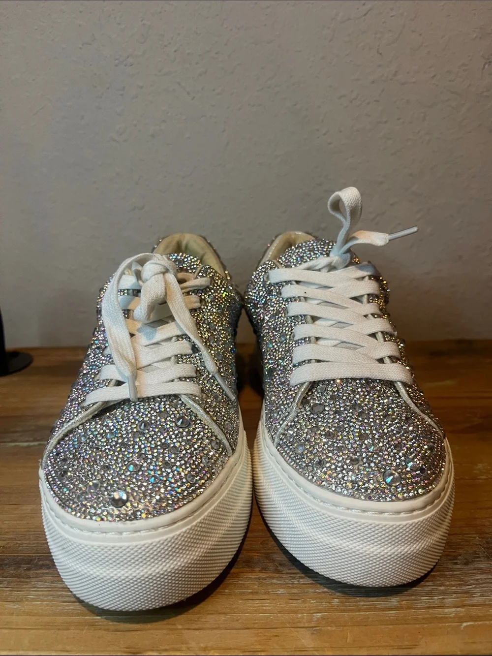 Betsey Johnson Silver Crystal Rhinestone Embellished Platform Sneakers size 6.5